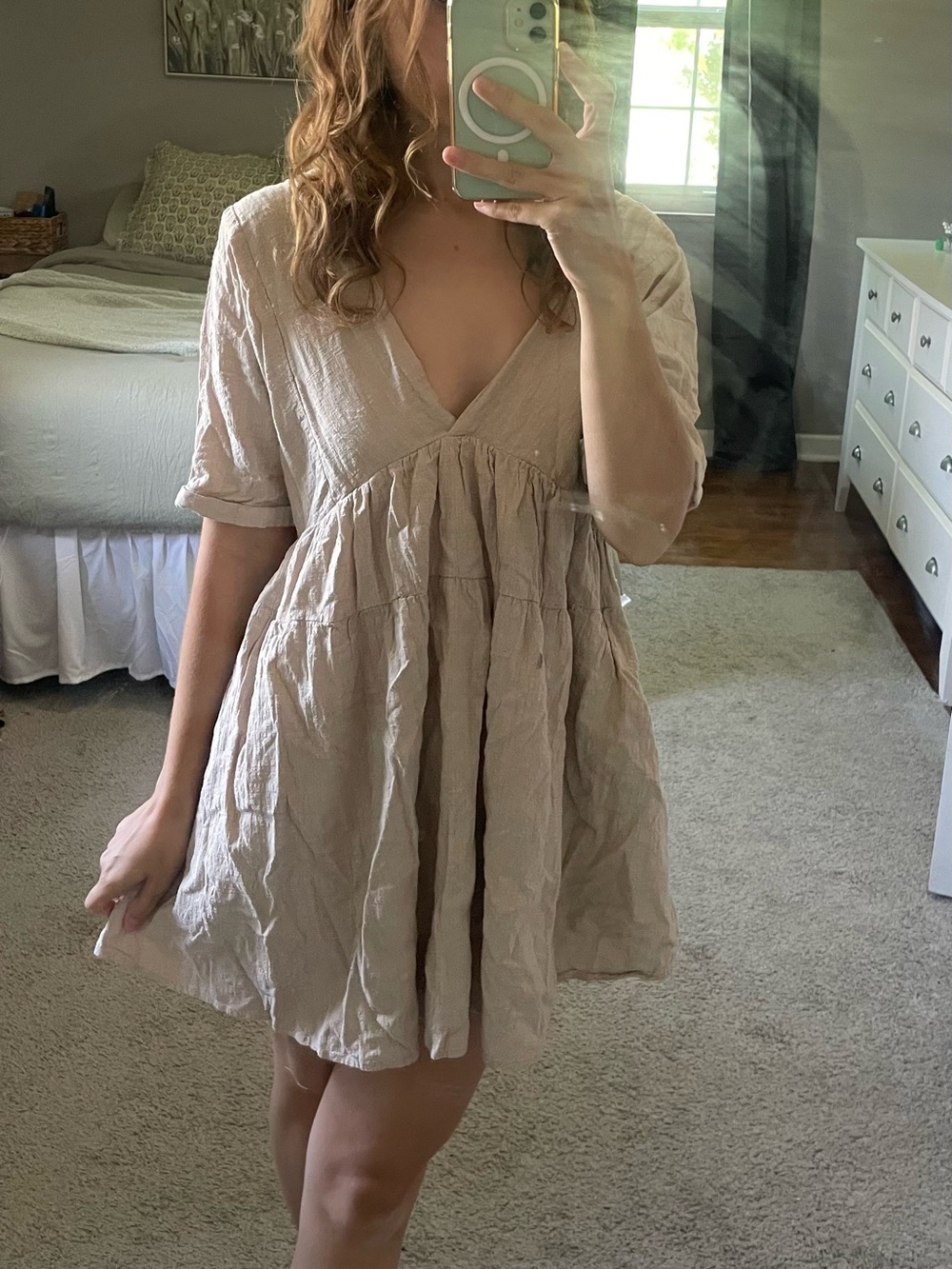 Mustard Seed Soft Beige V-Neck Mini Dress